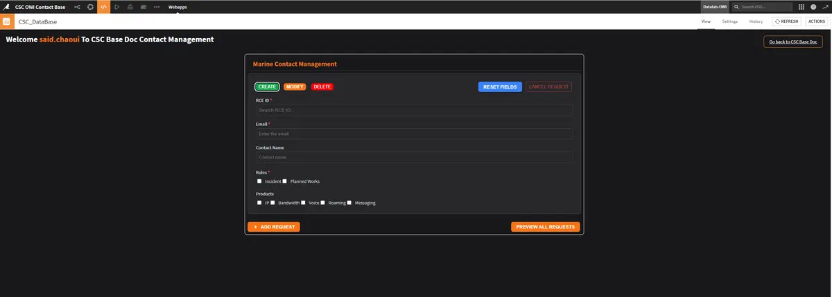 Interface de l’application CSC Contact Management&nbsp;: gestion des contacts, avec création, modification et envoi.