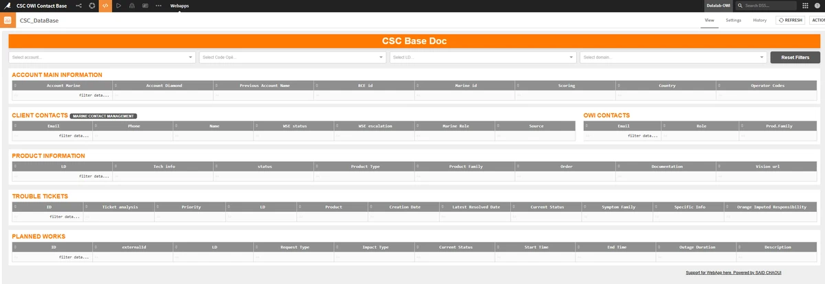 La webapp CSC Database&nbsp;: en-tête, barre de recherche et premières lignes du tableau interne.