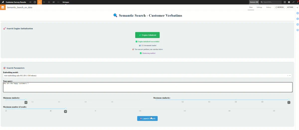 Webapp Semantic Search - Customer Verbatims dans Dataiku&nbsp;: moteur initialisé, 221&nbsp;documents chargés, choix du modèle d’embedding et requête en langage naturel.